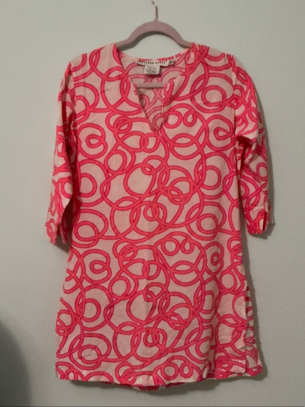Gretchen Scott Cotton Coral “String Thing” Split V Tunic and 3/4 sleeve